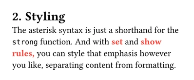 Document with the heading "2. Styling" followed by a paragraph. The word "strong" in "strong function" is displayed in a monospace font. The words "set" and "show rules" are bold and red.
