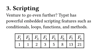 Document with the heading "3. Scripting" followed by a paragraph and a table. The table contains eight columns and two rows. The first row contains the letter F with subscripts 1 to 8 (per cell) in mathematical style. The second row contains the corresponding Fibonacci number.