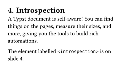Document with the heading "4. Introspection" followed by two paragraphs. The second paragraph contains the text "The element labelled <introspection> is on slide 4." The word "<introspection>" is set in a monospace font.
