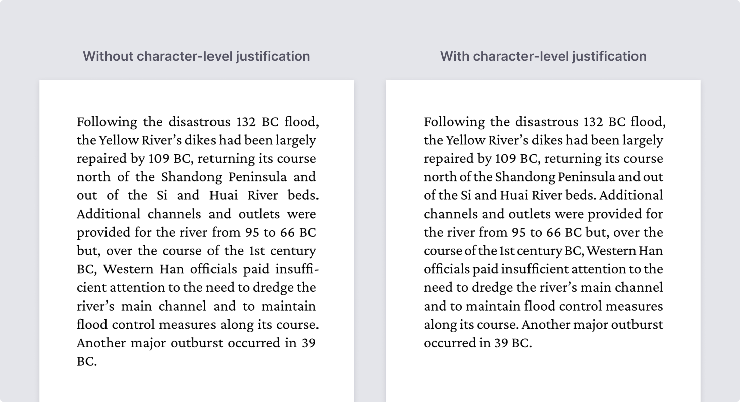 Two renderings of a justified paragraph about the 29 BC Yellow River flood from Wikipedia. The first has the caption 'Without character-level justification'. It has issues with grayness: For example, the 5th line is set very wide. The second has the caption 'With character-level justification'. Compared to the previous example, no line is overly wide or narrow.