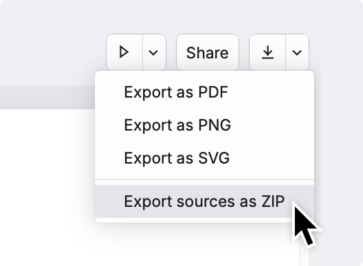 Screenshot of the download button with the menu extended, option 'Export sources as ZIP' hovered