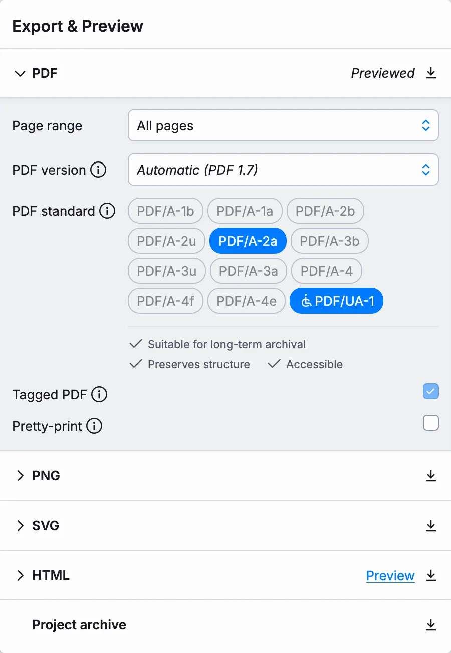 The PDF export dialogue of the Typst web app, with both PDF/A-2a and PDF/UA-1 selected at the same time for the 'PDF standard' option.