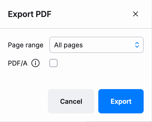 A screenshot of the Typst app's PDF export modal with the PDF/A checkbox checked