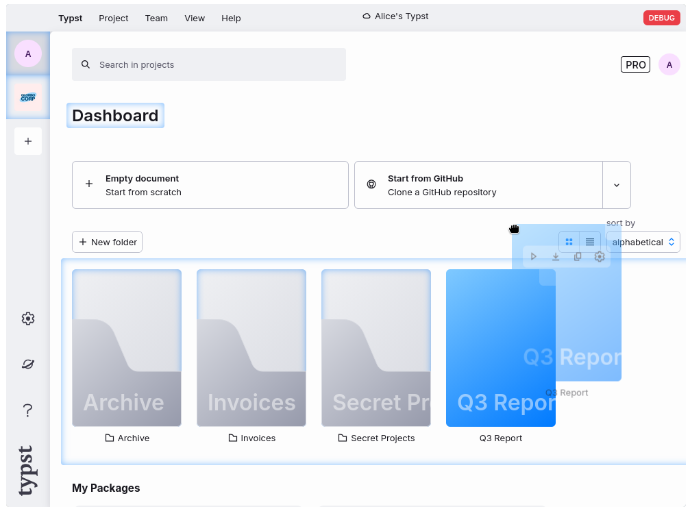 A project is being
  dragged on the dashboard: three folders and a team in the sidebar are
  highlighted as potential targets.