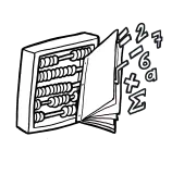 An abacus and a copybook with math notation coming out of it