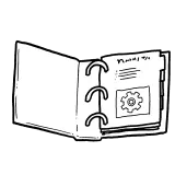 Spiral-bound document with tabs and a gear illustration