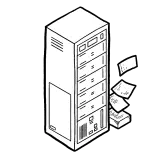Server rack with a pile of paper
