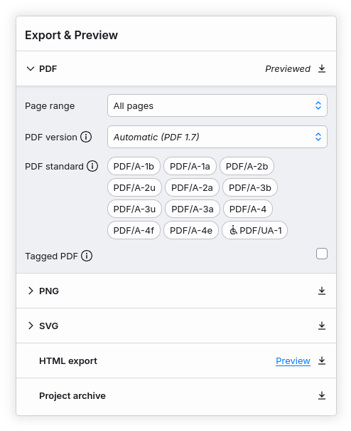 The export and preview menu, with the "PDF" section
unfolded.