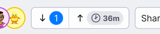 A zoom on the top bar of the editor, focusing on the two aforementioned buttons. The one one the left has an arrow icon pointing down, and next to it a "1" in a blue circle. The other one has an arrow pointing up, and a gray badge reading "36m".