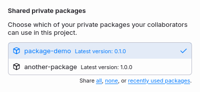 The section of the "Share" modal dedicated to sharing package, showing a list of two packages, one that is shared and the other not.