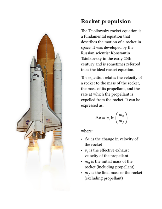 A page with a rocket taking of on the left and a essay on rocket propulsion on the right.