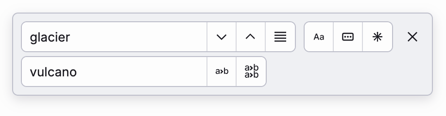The search box for the current file. Searches for the word 'glacier' and next to it are buttons to jump to the previous and next match, select all matches, match case-sensitively, match whole words, and search with regular expressions. Below, the replacement text 'vulcano' and buttons to replace one or all matches.