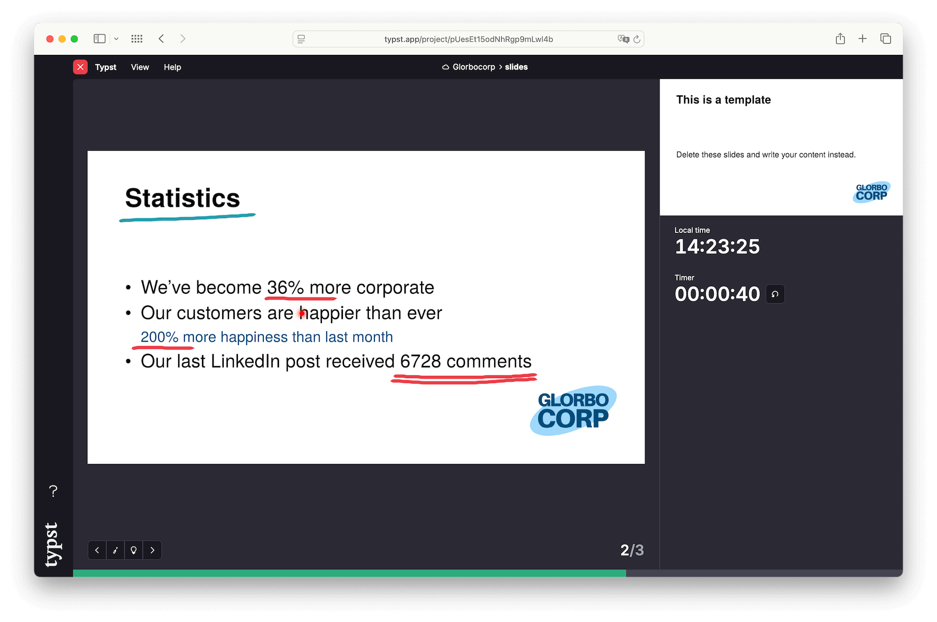 Typst's Speaker Mode showing a corporate slide with hand-drawn annotations, the next slide coming up, the current time, a timer, and the current presentation progress