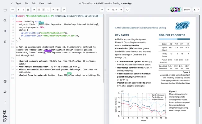 The Typst web app, displaying Typst markup and the compiled document side-by-side